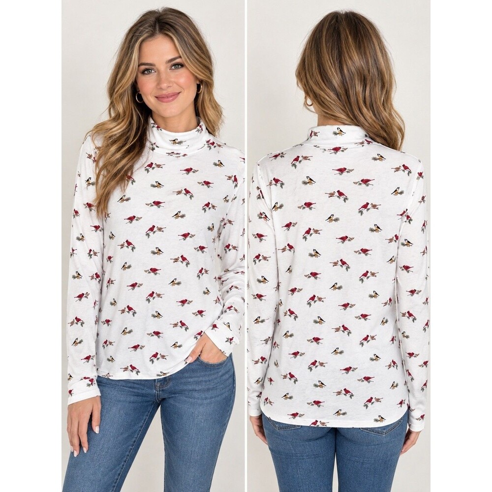 Vtg Rebecca Malone Petite XL Mock neck top Cardinals Birds